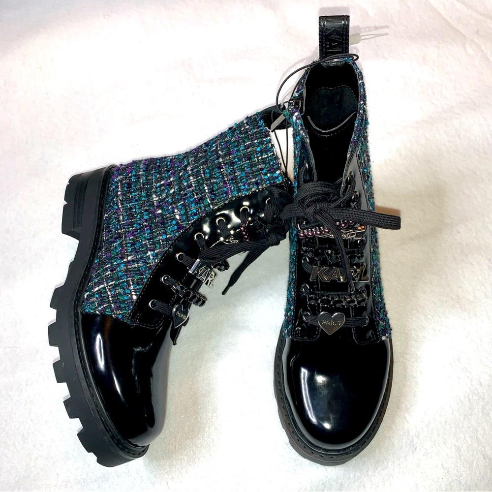 Karl Lagerfeld Paris Black Patent Leather Studded Boots for Women Size 7
